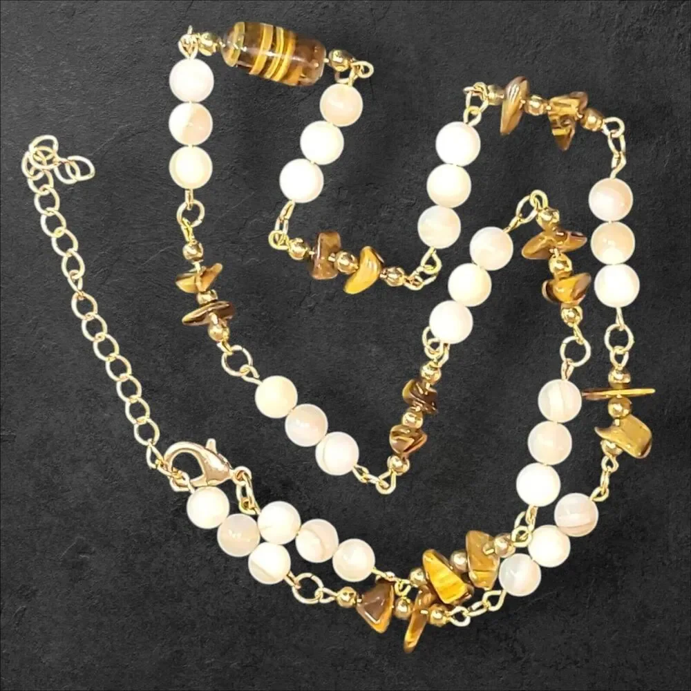 Gold‎ Tone Tiger's Eye & White Stone Bead Station Necklace 22